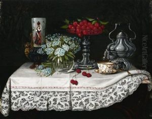 Variastilleben Mit Kaffeegeschirr, Orangen Sowie Einem Straus Rosen (+ Variastilleben Mit Samowar, Vergissmeinnicht Sowie Einer Schale Kirschen; 2 Works) by Josefine Osnaghi