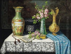 Stilleben Mit Chinesischer Vase, Facher Und Kirschbluten