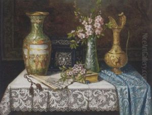 An Elaborate Carafe, Two Vases And A Casket On A Lace Draped Table