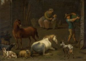 Stall Mit Bauernfamilie, Pferden, Schafen Und Ziegen by Jan van Ossenbeeck