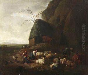 Hirten Und Vieh Vor Einem Felsmassiv by Jan van Ossenbeeck