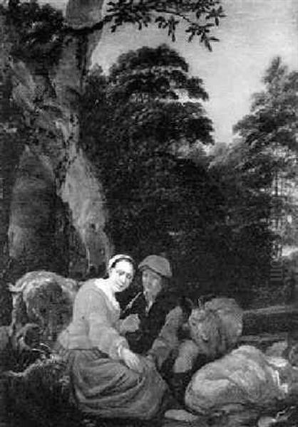 Hirtenpaar Mit Ziegen Und Schafen In Einer Waldigen Landschaft - view 1