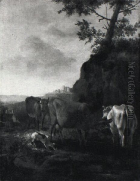 Italianate Landscape With Cows Watering And A Shepherd Couple - view 1
