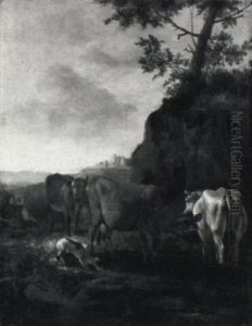 Italianate Landscape With Cows Watering And A Shepherd Couple by Jan van Ossenbeeck