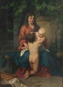 Muttergluck, Junge Mutter Mit Ihren Beiden Kindern Vor Hauskulisse by Joseph Paul Blanc