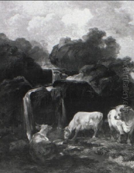 Cows Grazing Near A Waterfall - view 1