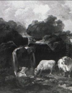 Cows Grazing Near A Waterfall by Helmer Osslund