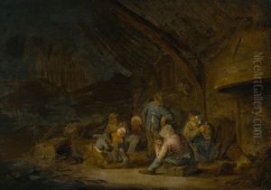 Interior With Figures Watching Children Dancing With A Dog, Beside A Fire by Adriaen Jansz van Ostade