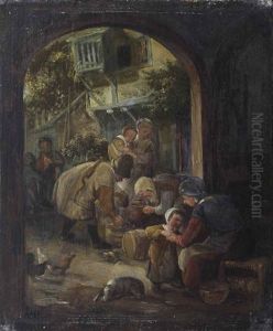 A View Of A Court Yard With A Peasant Family by Adriaen Jansz van Ostade