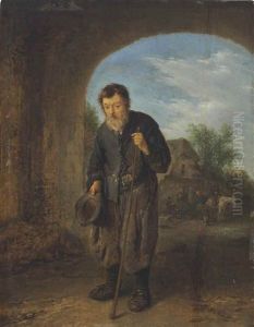 A Mendicant With A Walking Stick Under An Archway, Travellers By An Inn Beyond