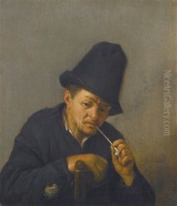 An Old Man With In A Tall Hat Leaning On A Chair Back And Smoking A Clay Pipe