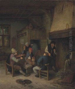 Interior Of A Tavern With Peasants Making Music And Drinking, A Basket Of Hops In The Foreground by Adriaen Jansz van Ostade