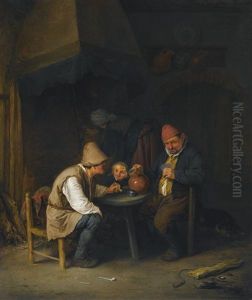Peasant Family And Dog Beside The Hearth by Adriaen Jansz van Ostade