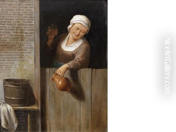 An Old Lady At A Window Holding A Pitcher And A Glass - view 1