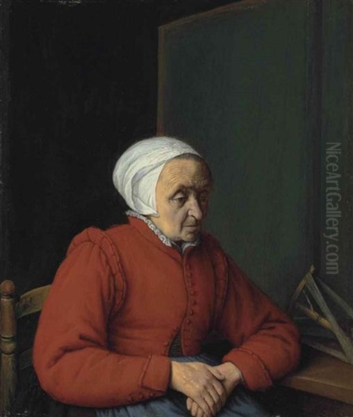Portrait Of An Elderly Lady In A Red Coat, Seated By A Table With A Flax Winder - view 1