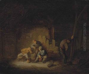 Peasants Sitting And Drinking In A Barn With A Dog by Adriaen Jansz van Ostade