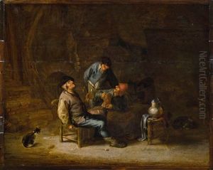Drei Bauern In Einem Wirtshaus Mit Hund Und Katze by Adriaen Jansz van Ostade