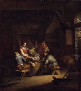 Stubeninterieur - Bauern Umwerben Eine Magd by Adriaen Jansz van Ostade