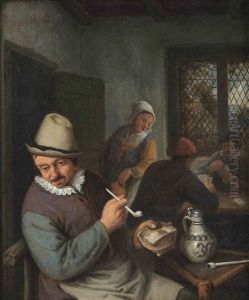 A Tavern Interior With A Peasant Smoking A Pipe And Figures Playing Cards by Adriaen Jansz van Ostade