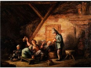 Bauernfamilie In Einer Scheune Um Ein Fass Sitzend Mit Glasern Und Krugen