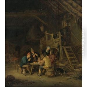 Four Card Players In A Rustic Interior