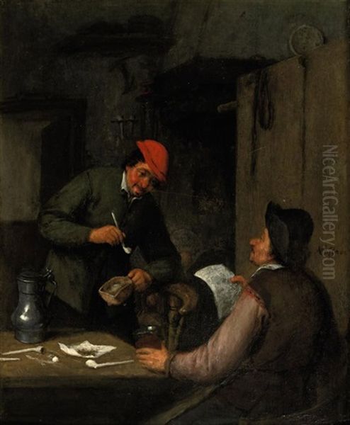 Two Peasants Smoking, Drinking And Reading In An Interior - view 1