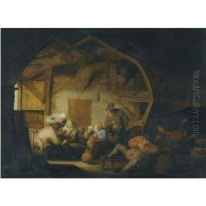 The Interior Of A Barn With Peasants Playing Cards Around A Stool by Adriaen Jansz van Ostade