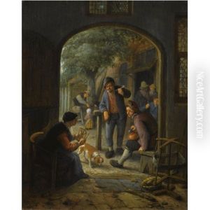 A Spinner Conversing With Two Smoking And Drinking Peasants At The Court-yard Of An Inn, Figures And Children In The Background A Spinner Conversing With Two Smoking And Drinking Peasants At The Court-yard Of An Inn, Figures And Children In The Background