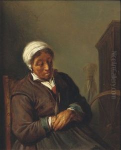 An Old Woman At A Spinning Wheel by Adriaen Jansz van Ostade