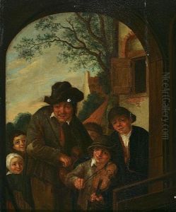 An Itinerant Musician With Children By A Door by Adriaen Jansz van Ostade