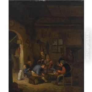 Peasants In An Inn Smoking And Drinking, A Little Girl Feeding A Dog To The Left by Adriaen Jansz van Ostade