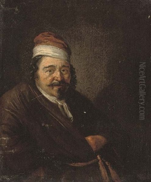 Portrait Of A Man In A Brown Gown And A Red Cap With White Trim - view 1