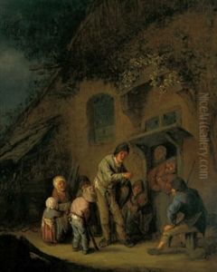 Ein Drehorgelspieler Vor Einem Bauernhaus