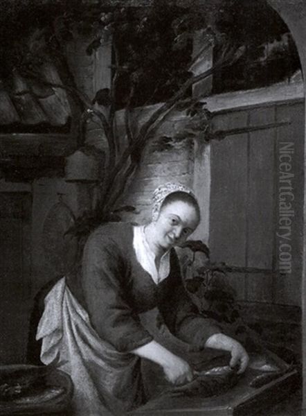 A Young Serving Girl Scaling A Fish - view 1