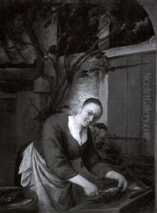 A Young Serving Girl Scaling A Fish