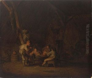 A Barn Interior With Peasants Smoking And Drinking