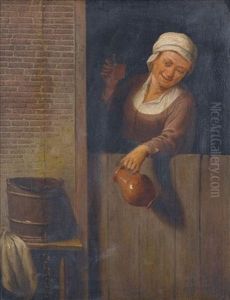 An Old Lady At A Window Holding A Pitcher And A Glass Of Ale