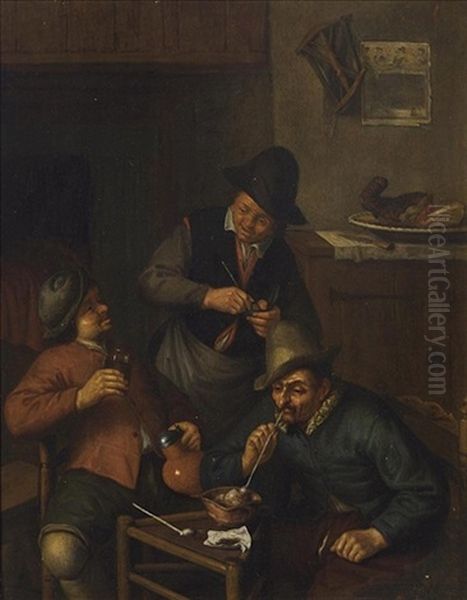 Three Men Smoking A Pipe And Drinking In An Interior - view 1