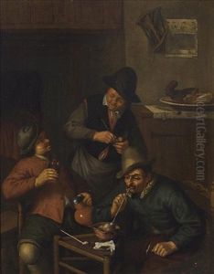 Three Men Smoking A Pipe And Drinking In An Interior by Adriaen Jansz van Ostade