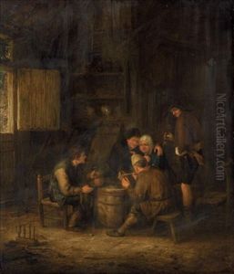 An Interior With Peasants Huddled Around A Cask, Smoking And Drinking