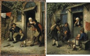 Figures Smoking Pipes By A Cottage Door (+ A Bagpipe Player Performing To A Family At The Door Of Their Cottage; Pair) by Adriaen Jansz van Ostade
