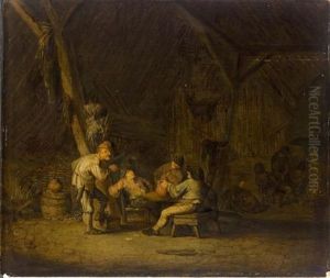 A Barn Interior With Peasants Smoking And Drinking