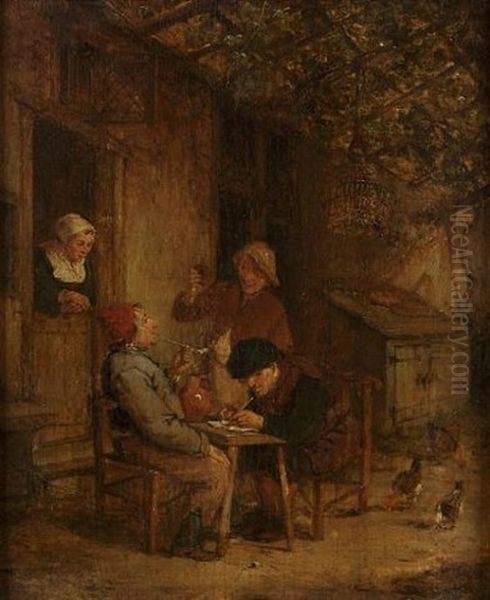 Peasants Smoking And Drinking Outside A Country Cottage - view 1