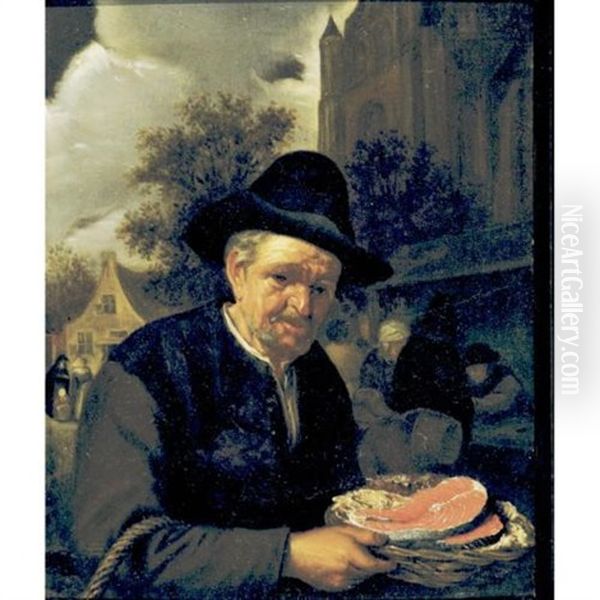 A Peasant Holding A Basket Of Fish In A Market - view 1