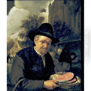 A Peasant Holding A Basket Of Fish In A Market by Adriaen Jansz van Ostade