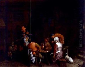 Peasants And Dog In A Tavern by Adriaen Jansz van Ostade