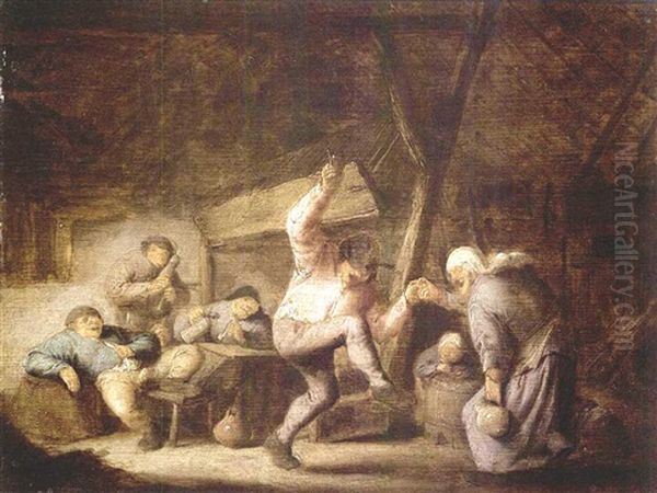 Peasants In An Inn With A Couple Dancing To The Music Of A Bagpipe Player And Others Drinking And Smoking At A Table - view 1