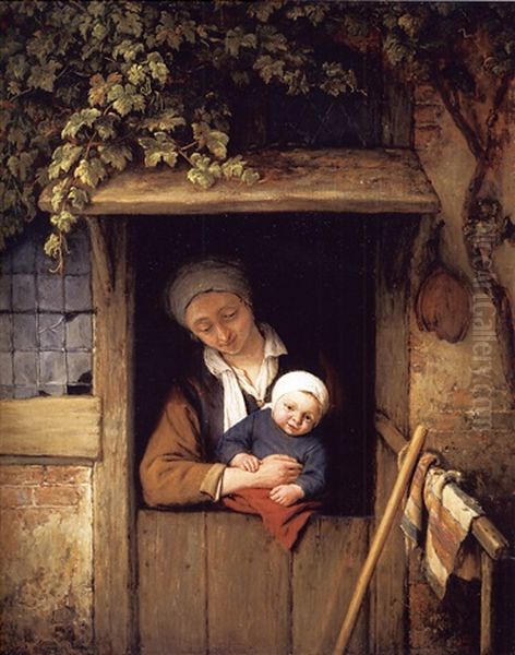 A Mother Holding Her Child In A Doorway - view 1