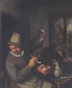 A Peasant Lighting A Pipe In An Inn, Cardplayers In The Background by Adriaen Jansz van Ostade