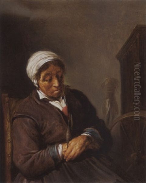 An Old Lady Sleeping At Her Spinning Wheel - view 1